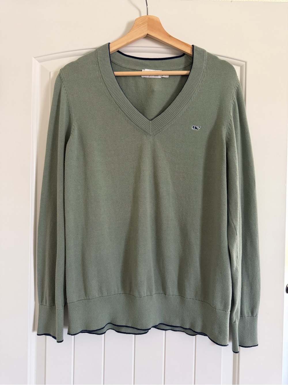 Vineyard Vines Men's V-Neck Sweater in Sage w Navy Accents 100% Cotton Size L